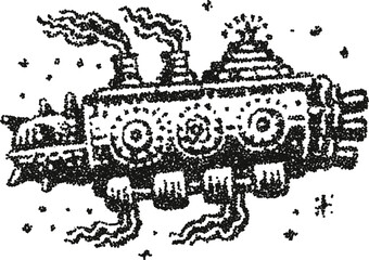 Steampunk airship vector illustration with gears and smoke in vintage stipple dotwork style
