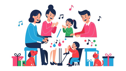 Musical Family Moment: Capture the heartwarming scene of a family engrossed in making music, filled with joy, and presents. A delightful visual of familial harmony and musical joy.