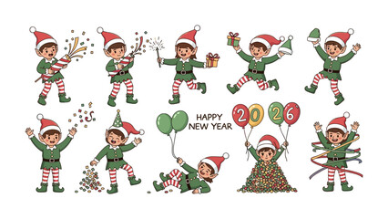 Merry Elf Parade: A collection of joyful elves dressed in festive attire and hats, celebrating the New Year and spreading the spirit of Christmas.