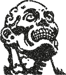 Grotesque monster face vector illustration with open mouth and weird expression in stipple dotwork style
