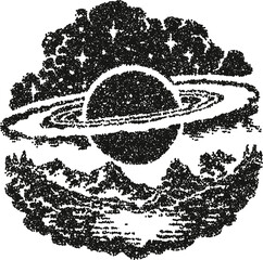 Surreal landscape vector illustration with planet Saturn and mountains in vintage stipple dotwork style
