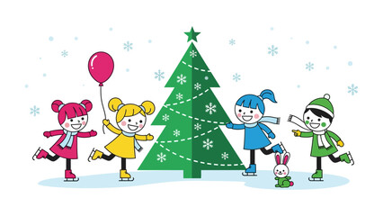 Joyful Winter Wonderland: A group of children, all smiles and dressed in warm winter attire, ice skate around a beautifully adorned Christmas tree, their faces radiating pure joy in this snowy scene.