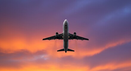 Obraz premium Commercial airplane flying high in the sky, leaving a white contrail behind it. Air travel concept for aviation and transportation.