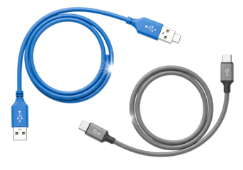 Two coiled usb cables, one blue usba and one gray usbc isolated on transparent background