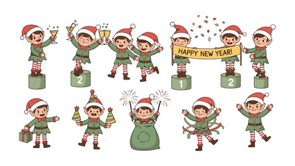 Festive Elf Collection: A vibrant assortment of cheerful elf characters, donned in traditional attire and hats, engaged in various celebrations.