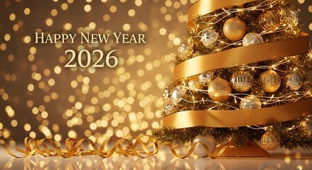 Sparkling golden decorations illuminate a festive scene, celebrating the anticipation of a bright and prosperous New Year 2026, filled with joy and renewed hope