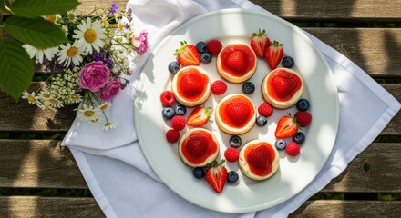 Peanut butter cheesecake Delightful mini cheesecakes adorned with fresh strawberries, raspberries, and blueberries, arranged artfully on a white plate alongside a bouquet of daisies and roses.