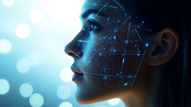 Futuristic face with glowing data connections creating a modern technology concept for innovation, digital transformation, and artificial intelligence