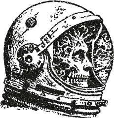 Skull inside astronaut helmet vector illustration with cosmic reflection in vintage stipple dotwork style

