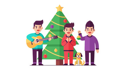 Christmas Cheer: A vibrant illustration depicts a joyful scene of the Christmas season. Three individuals gather around a decorated Christmas tree with a puppy, expressing happiness and celebration.