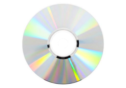 Top view of a compact disc showing rainbow reflections isolated on transparent background