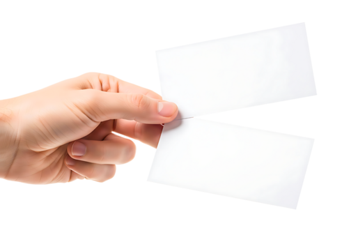 Hand holding two blank white business cards isolated on transparent background
