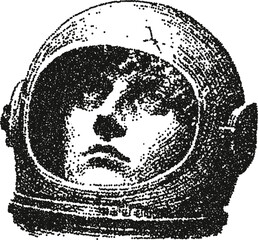 Astronaut woman face inside helmet looking up vector illustration in stipple dotwork art style
