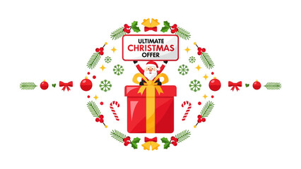 Joyful Christmas Offer: Festive illustrations adorn a celebratory scene featuring a Santa Claus character, a prominent gift box, and other joyful icons that evoke the excitement of the holiday season.