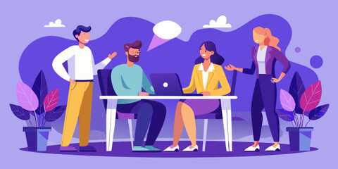 Meeting with five professionals discussing strategies at round table, flat vector corporate teamwork concept illustration