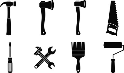 Hand tools silhouette, construction gear, black icons, hammer, axe, saw, screwdriver, wrench, paintbrush, roller, maintenance equipment, DIY tools
