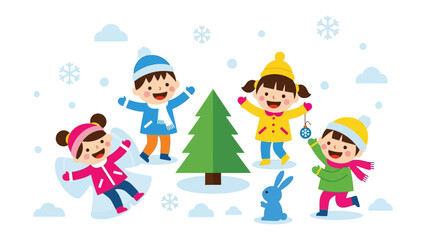 Winter's Wonderland Playtime: Playful children engage in joyful winter activities, decorating a Christmas tree with snow falling gently around them, celebrating winter and festivity.