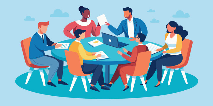 Meeting with five professionals discussing strategies at round table, flat vector corporate teamwork concept illustration