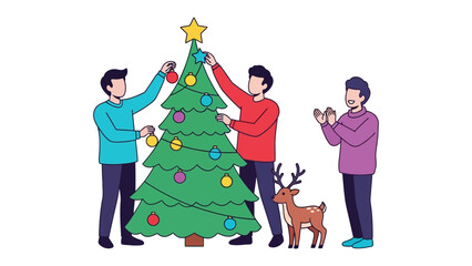 Festive Assembly: Three individuals collaborate, adorning a coniferous tree with festive ornaments, evoking a sense of communal cheer and the warmth of the holiday season.