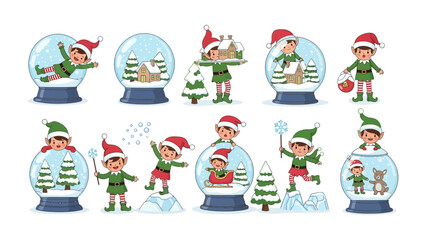 Magical Christmas Elves: Whimsical illustrations depict festive elves frolicking inside glass snow globes. Each globe presents a unique winter scene, showcasing the elves' cheerful holiday spirit. 