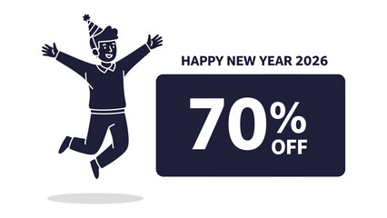 New Year Discount: A joyous illustration showcases a spirited individual celebrating the New Year, accompanied by a prominent banner highlighting a significant 70% discount.