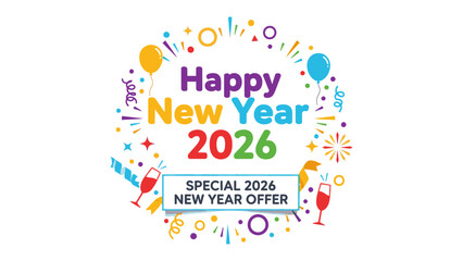 New Year's Celebration: Colorful and festive design celebrating the dawn of 2026, conveying warmth and cheer for a special offer.