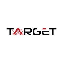 Modern target logo design with atomic symbol in red and black, conveying precision and innovation with bold typography on white background