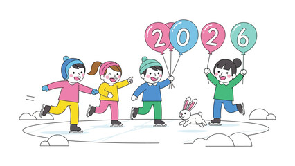 Joyful New Year Celebration: Children enthusiastically ice skate, clutching vibrant balloons that spell out the year 2026, radiating happiness, and fun with a bunny friend.