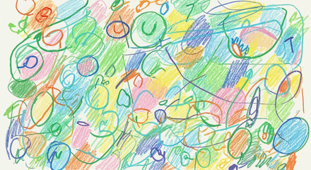 Obraz premium Vibrant and playful crayon drawing with colorful scribbles on white paper evokes youthful creativity