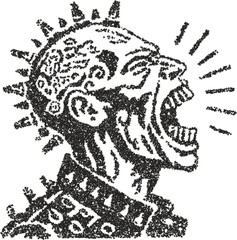 Screaming punk rocker with mohawk, stipple vector illustration for concert poster, rebellion theme and underground music merchandise design

