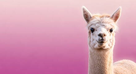 Cute alpaca standing on a magenta background looking directly at the camera, promoting a charming, friendly and lovely concept.