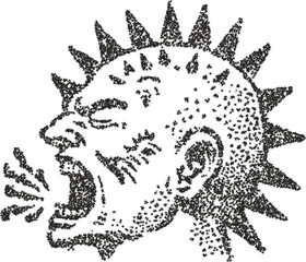 Screaming punk head profile with mohawk and studded collar in gritty stipple dotwork style
