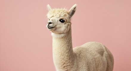 Obraz premium Cute alpaca standing on a magenta background looking directly at the camera, promoting a charming, friendly and lovely concept.