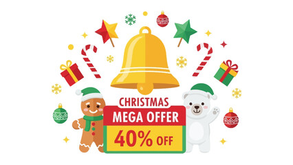 Festive Cheer: A cheerful composition for Christmas celebrations, showcasing ornaments with Christmas bells, ginger bread man, Christmas gifts, star and Polar Bear.