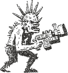 Skeleton punk with mohawk holding a futuristic ray gun in gritty stipple dotwork style
