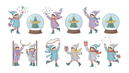 Winter Wonderland Illustration: charming cartoon illustration depicts a scene of festive winter fun, where children are playing with various seasonal elements.