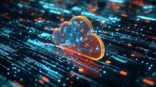 Dynamic cloud computing network with glowing data streams for secure digital transformation and innovative technology solutions, perfect for tech startups