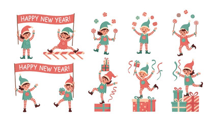 Festive Elf Celebrations: A cheerful collection of illustrated elves in a holiday scene, featuring joyful antics with banners, gifts, and a general atmosphere of celebratory bliss.