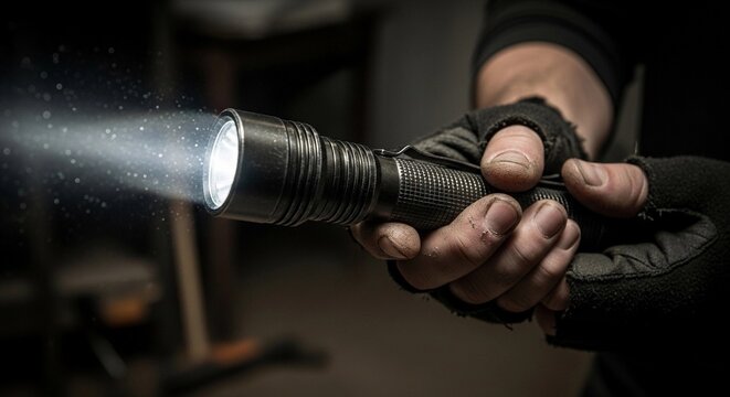 A gloved hand holds a flashlight, illuminating a dark space. The scene suggests a burglary or theft in progress, emphasizing stealth and secrecy.