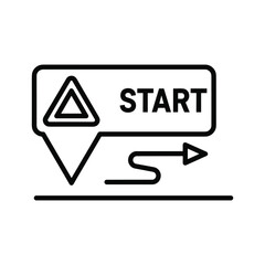 Black and white line icon representing a start point with a warning triangle and an arrow indicating direction on a