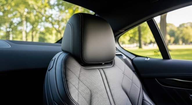 Detailed view of a premium car interior, showcasing the elegant leather headrest and diamond-quilted stitching on the seat, bathed in natural light through the window, emphasizing luxury and comfort