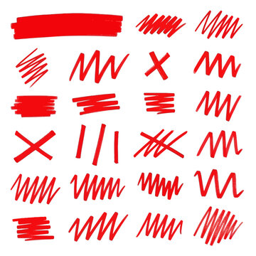 Bold red marker strokes and scribbles for attention grabbing design elements and emphasis, vector set