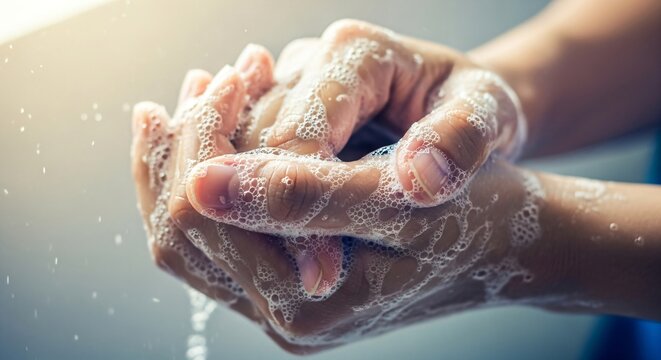 Person washing hands with soap and water. Personal hygiene and healthcare concept. Coronavirus prevention and cleanliness for healthy living.