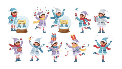 Winter Cheer and Festive Frolic: A whimsical collection of children, donned in winter attire, joyfully engaged in playful winter activities, spreading warmth and good cheer.