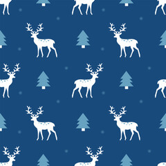 Seamless pattern with reindeer and Christmas trees on a blue background