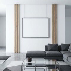 Fototapeta premium Horizontal canvas frame mockup, stylish living room wall background, modern decor, 3D render