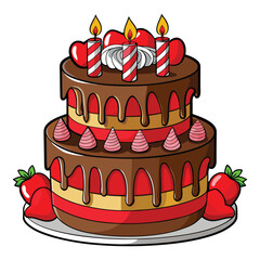 Festive Two-Tiered Birthday Cake with Lit Candles and Strawberries