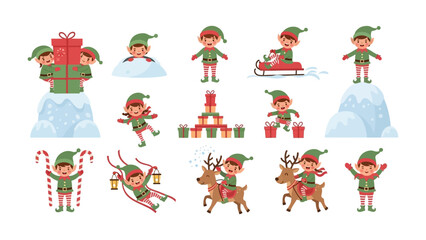 Joyful Christmas Elf Characters in Festive Scenes: A collection of cheerful elf characters engaged in various activities, embodying the spirit of the Christmas season.