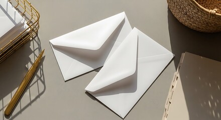 Two blank white envelopes on a light gray desk with a gold pen holder and a woven basket, ready for mail, invitation, or correspondence