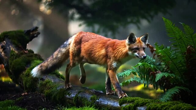 Beautiful red fox walking and leaping gracefully over a fallen mossy tree trunk in a dense green forest with heavenly sunbeams piercing through the mist creating a cinematic fairytale nature scene
